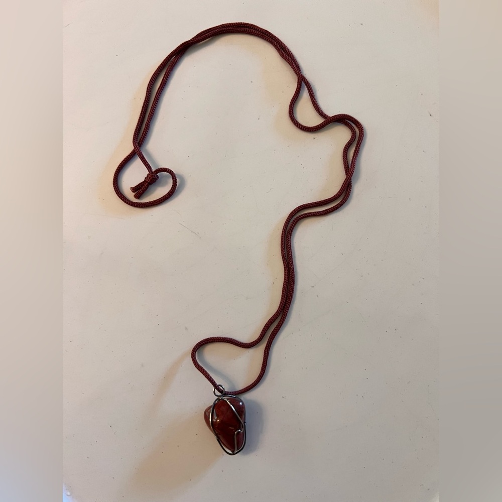 Stone Pendant Burnt Orange/Brown Necklace w Leather Cord boho festival natural